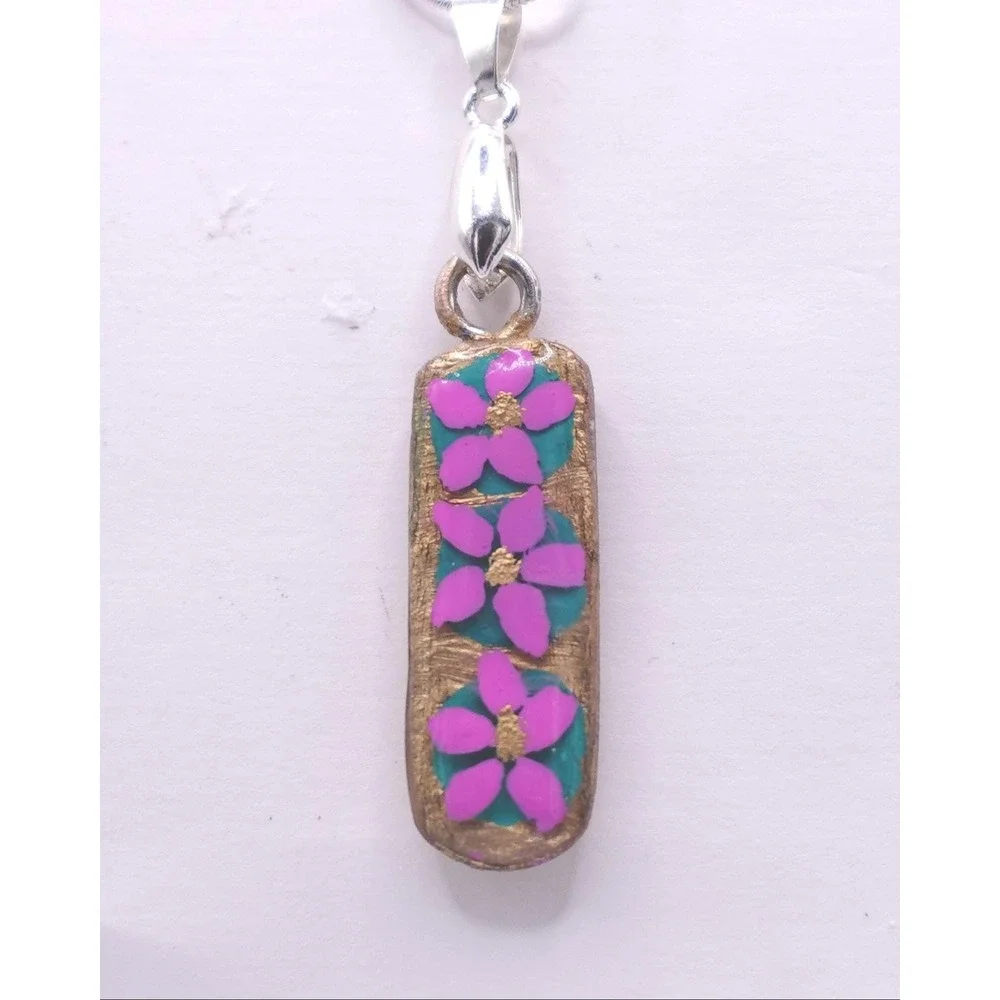 Pink Floral Polymer Clay Pendant‎ Necklace Boho Garden Art Jewelry Cottagecore - Picture 4 of 9